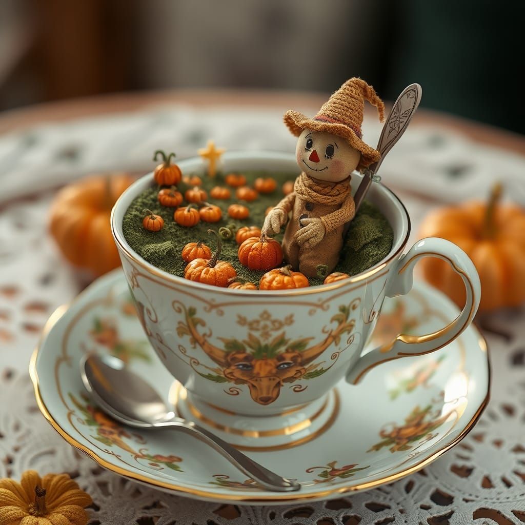 Whimsical Scarecrow Dreamscape in a Teacup