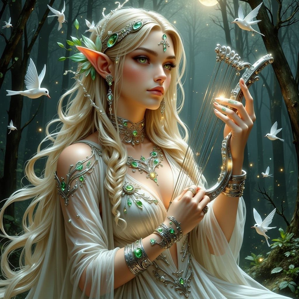Elf Woman Plays Lyre Under Full Moon, Serene Forest