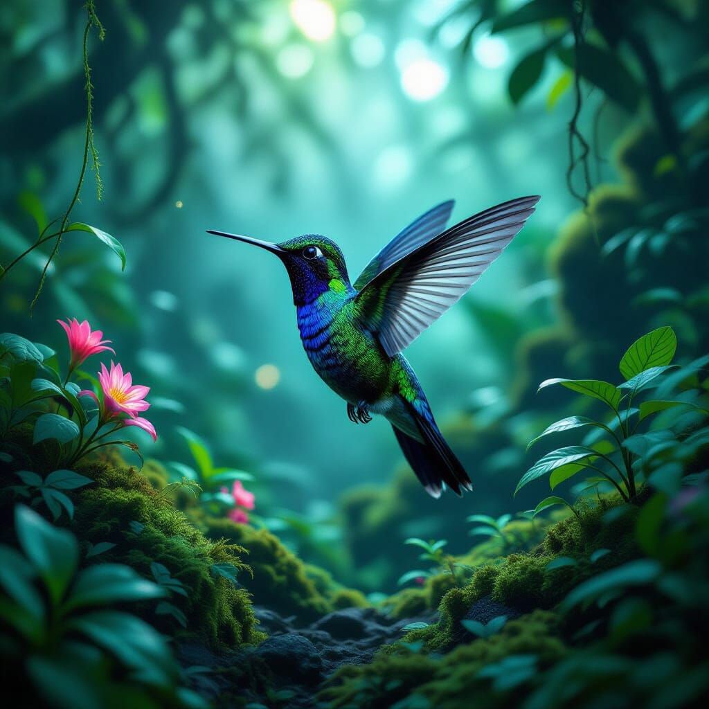 Bioluminescent Hummingbird in Alien Jungle: Surreal Photogra...