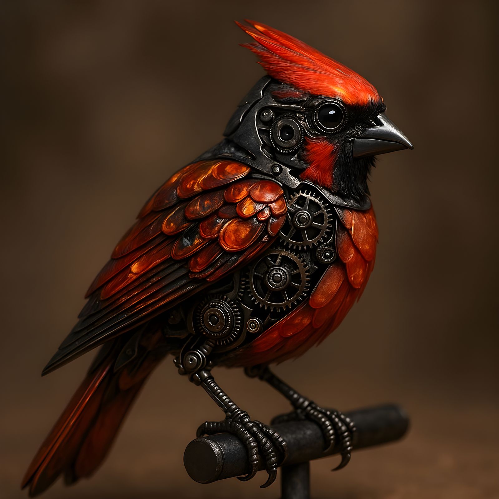 Clockwork Cardinal with Fire Agate Feathers