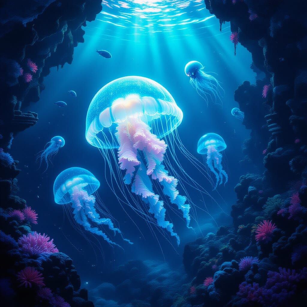 Bioluminescent Jellyfish Illuminates Alien Ruins in Deep Sea