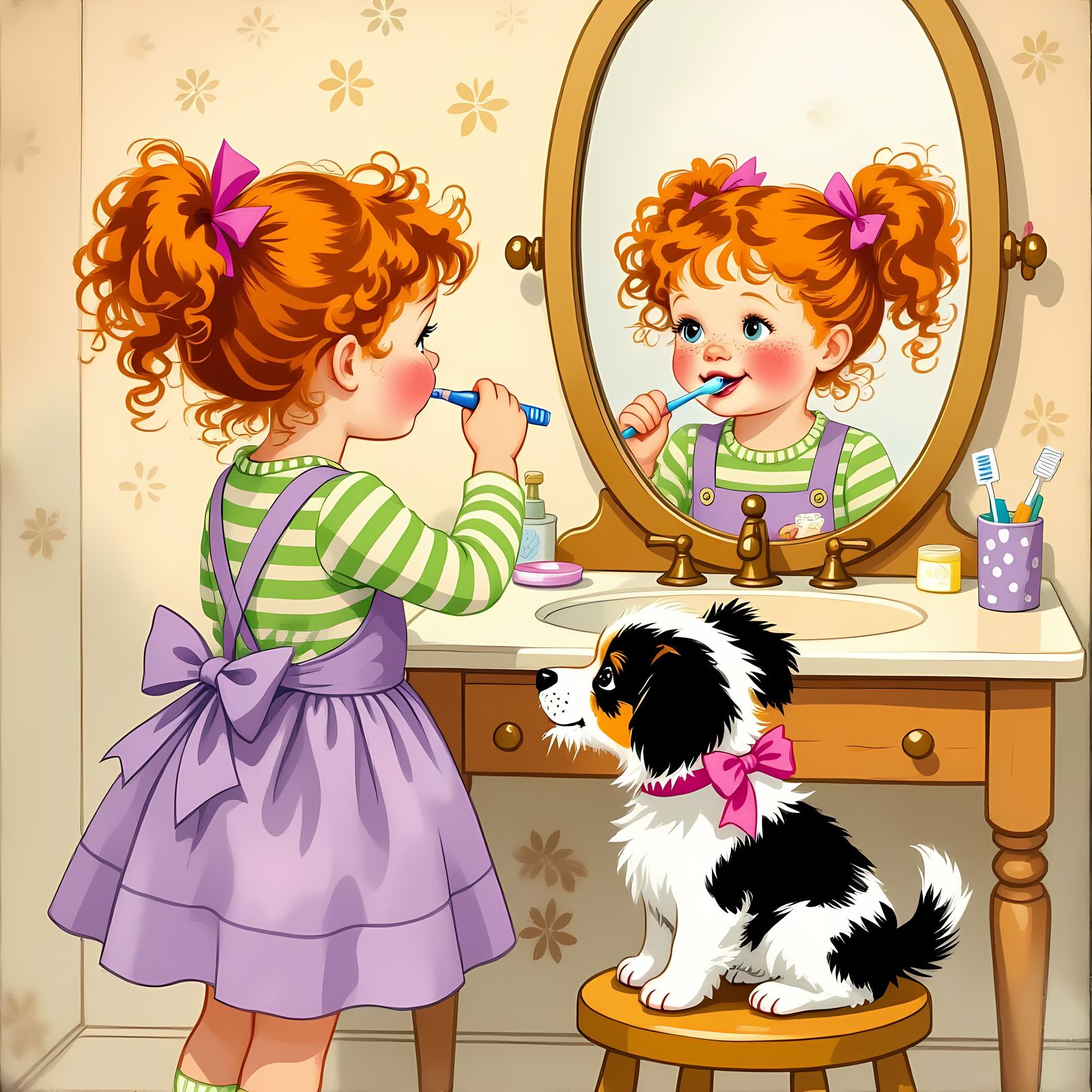 Girl Brushing Teeth with Puppy