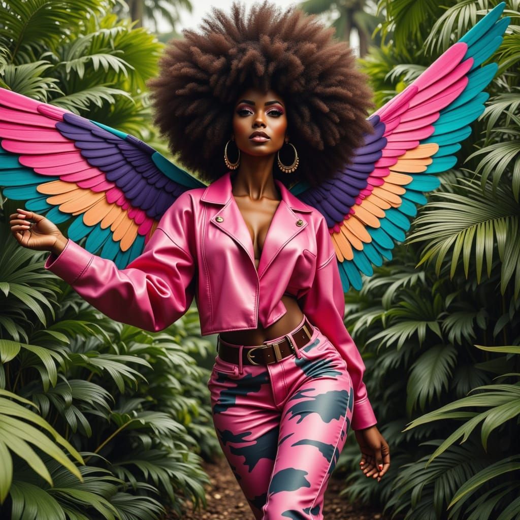 African Woman with Afro and Wings in Rainforest