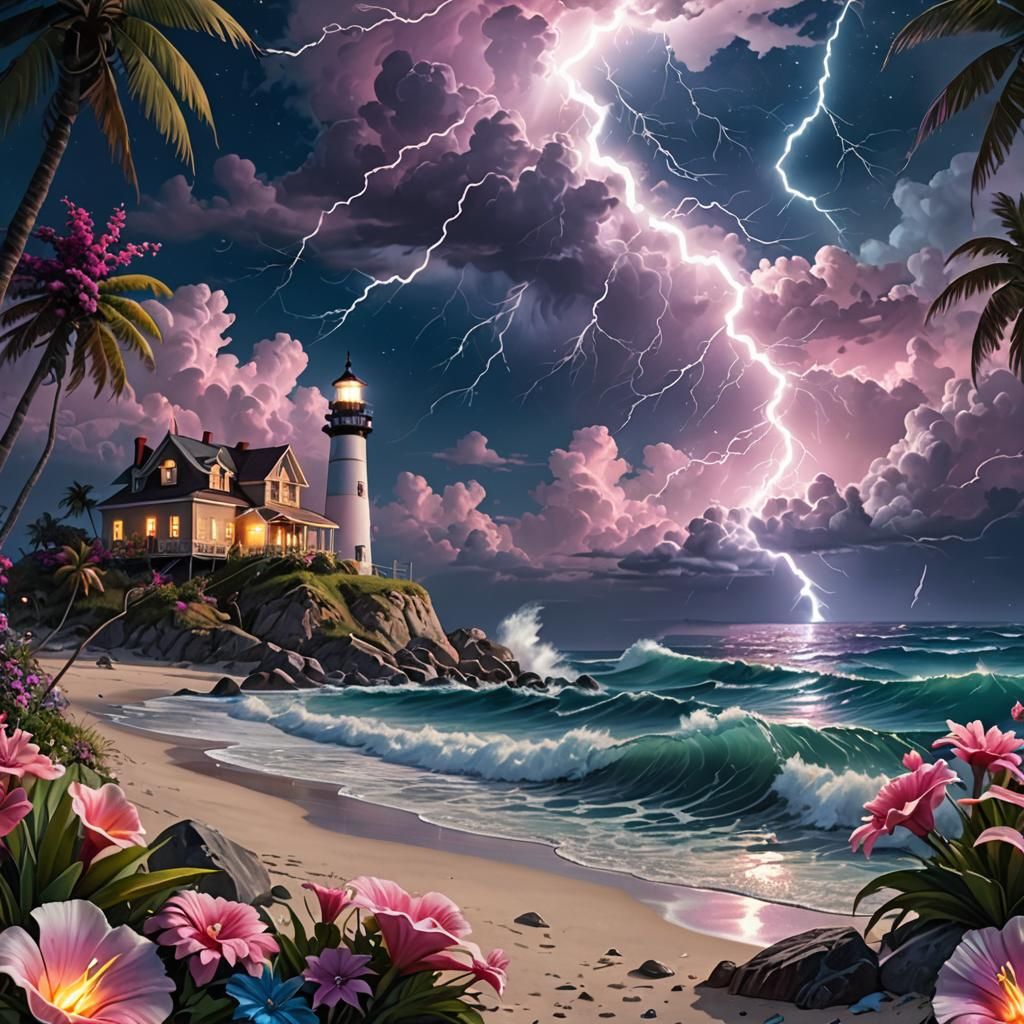 Ocean Lightning Strikes Lighthouse on Beach at Night
