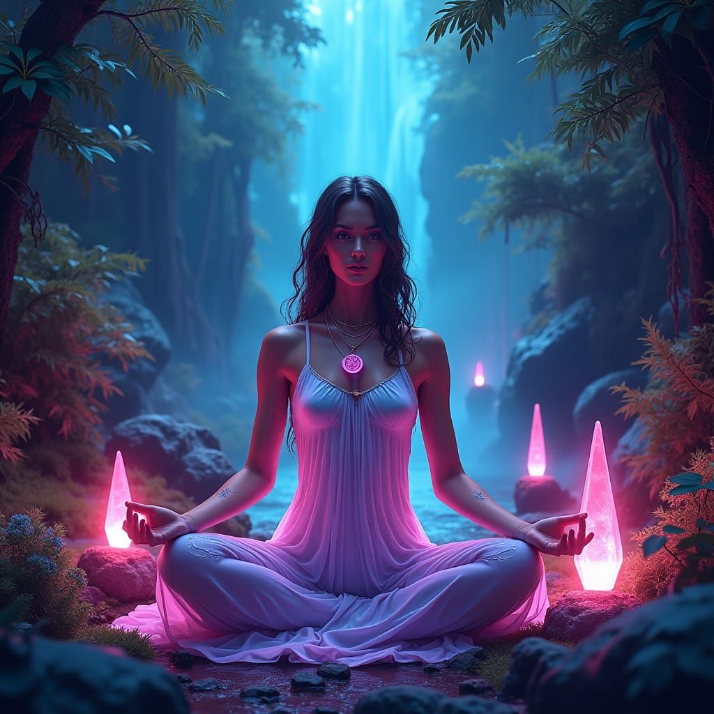 Divine Woman in Yoga Pose Surrounded by Neon Crystals