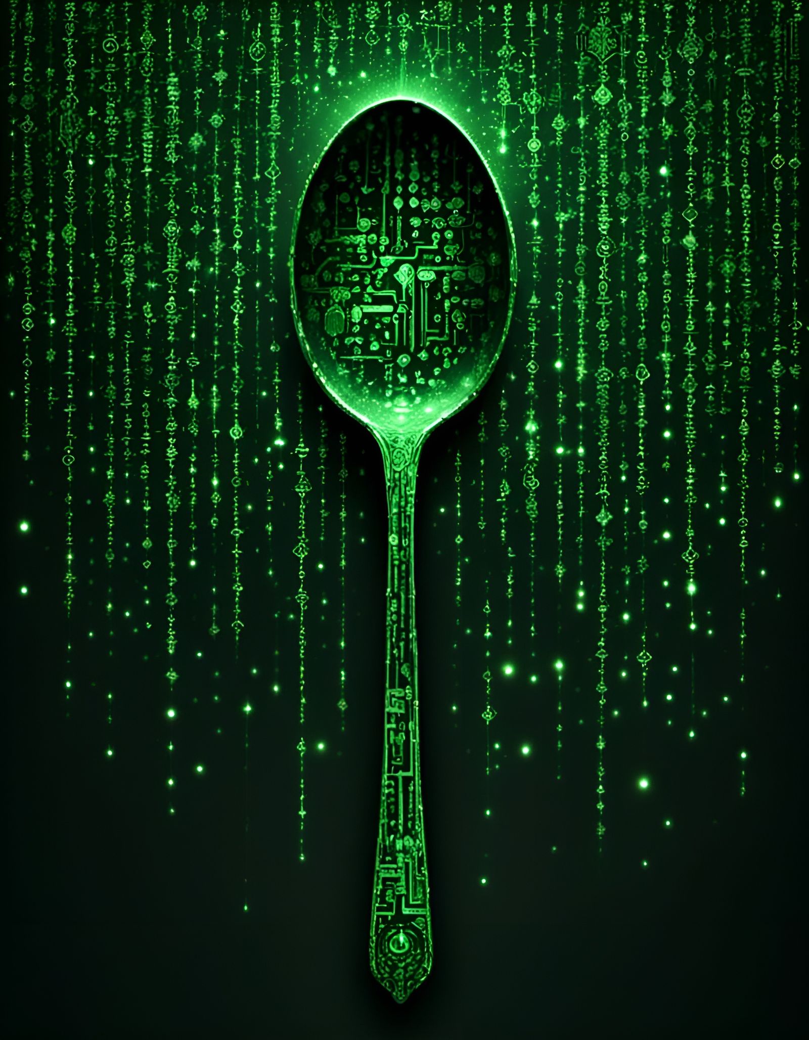 Matrix Spoon Made of Green Code Numbers
