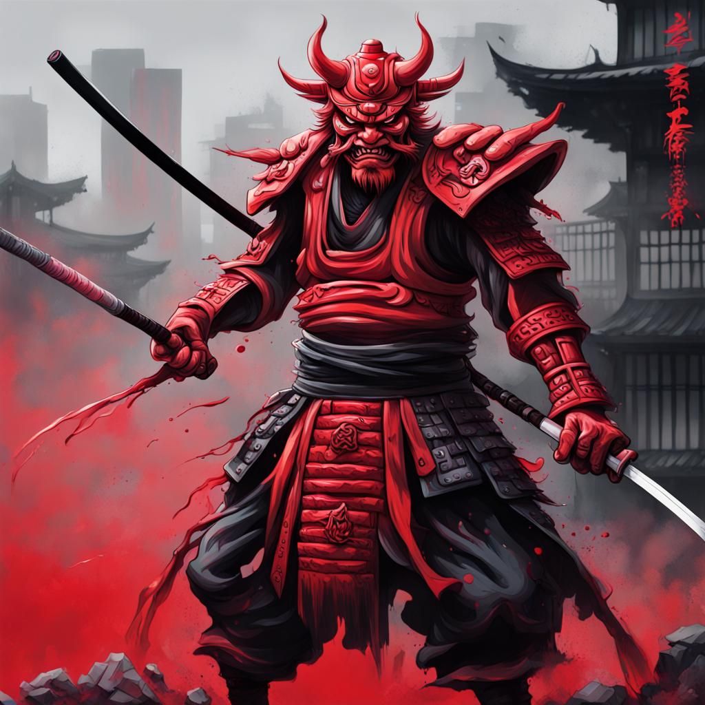 Red Oni Samurai in Graffiti Street Art Style