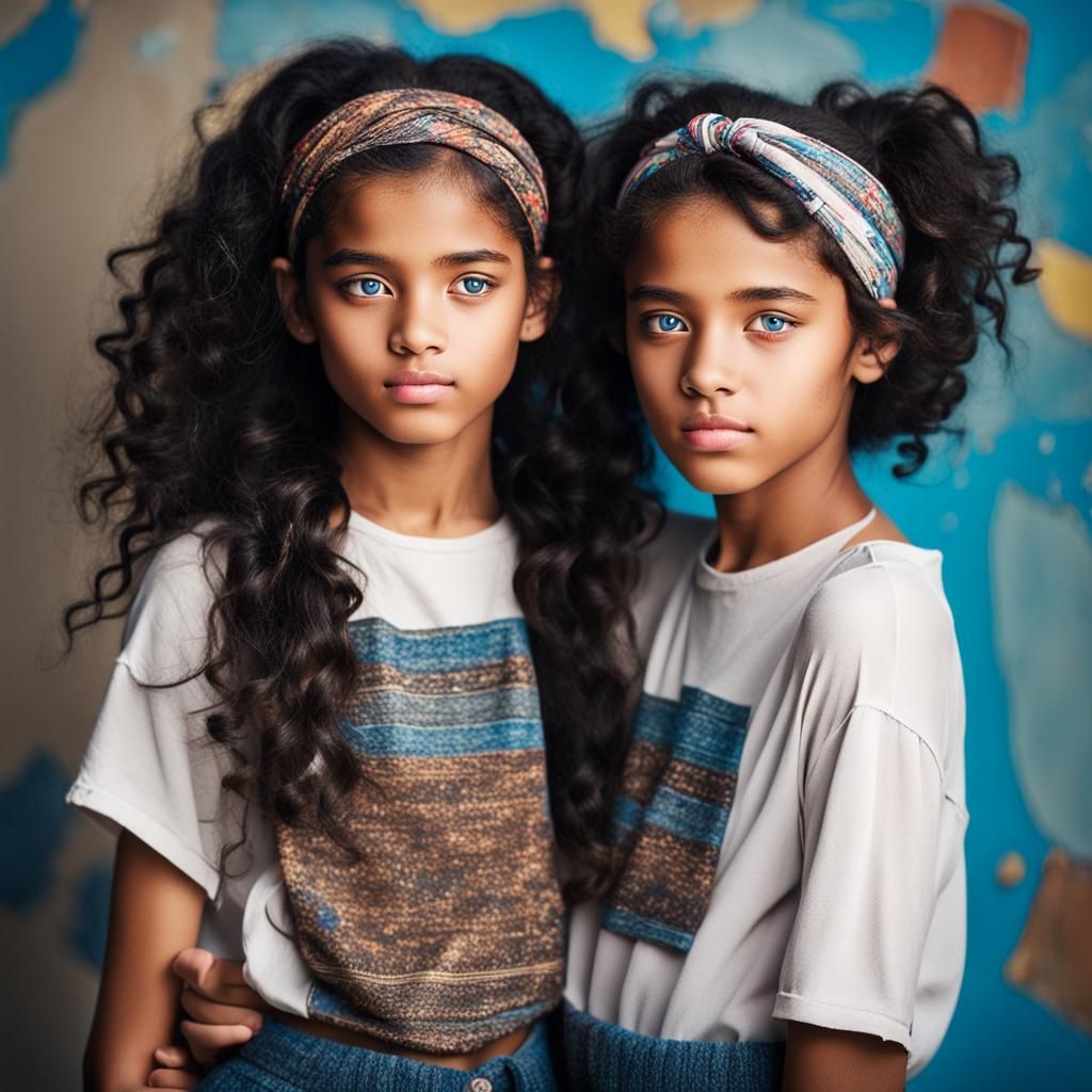 Beautiful Twin Girls with Curly Hair and Blue Eyes