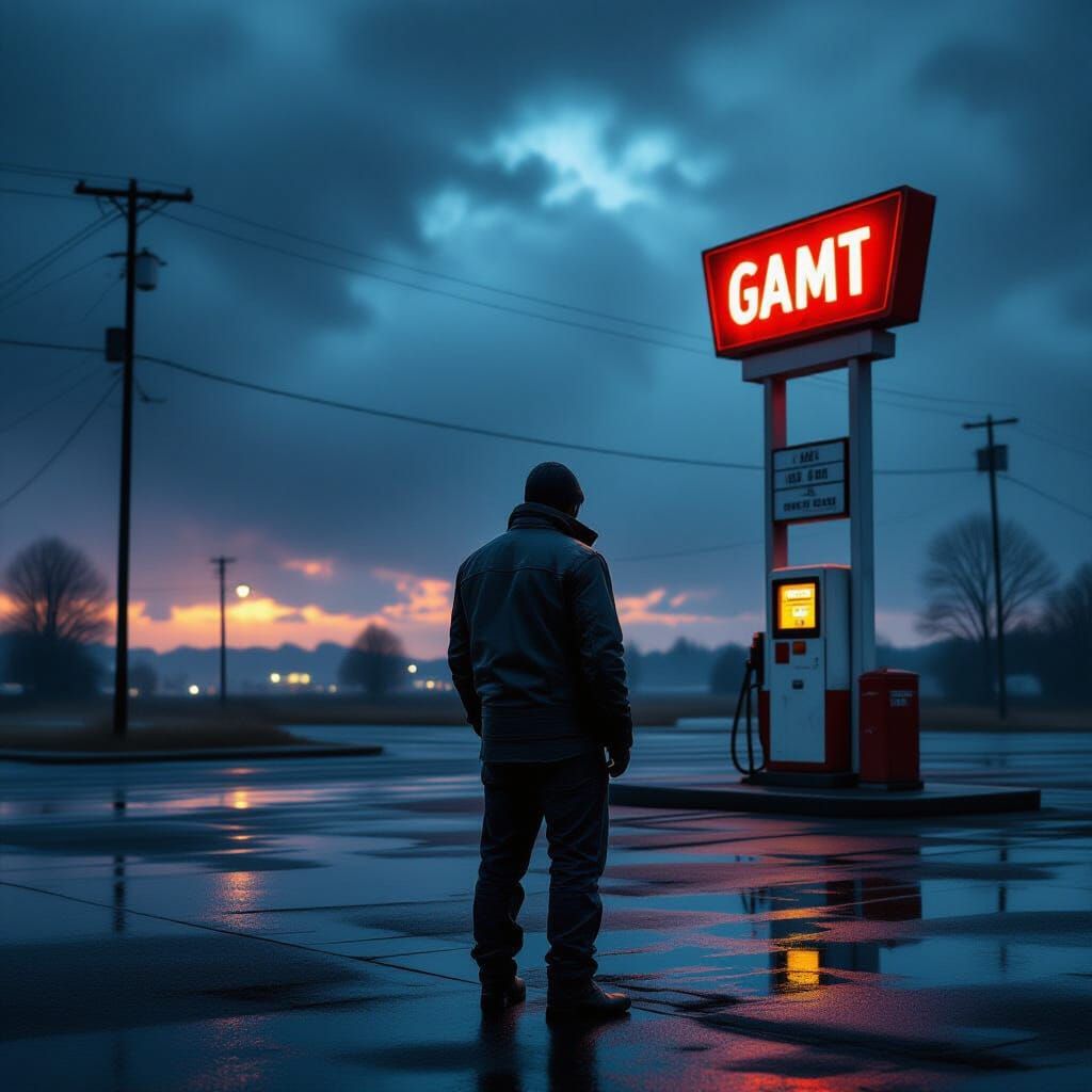 Resilient Man at Retro Gas Station Under Stormy Twilight Sky
