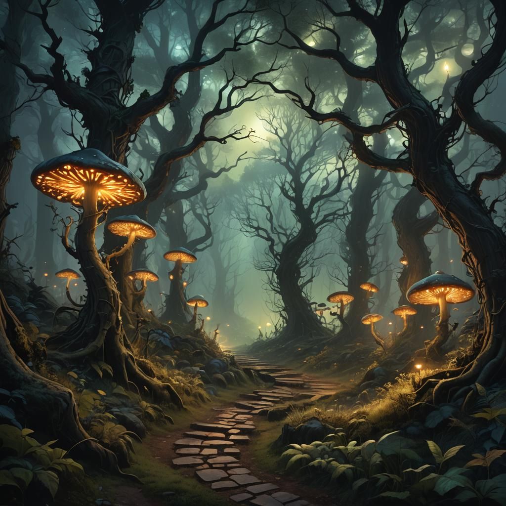 Mystical Forest Path at Night, Fantasy Art