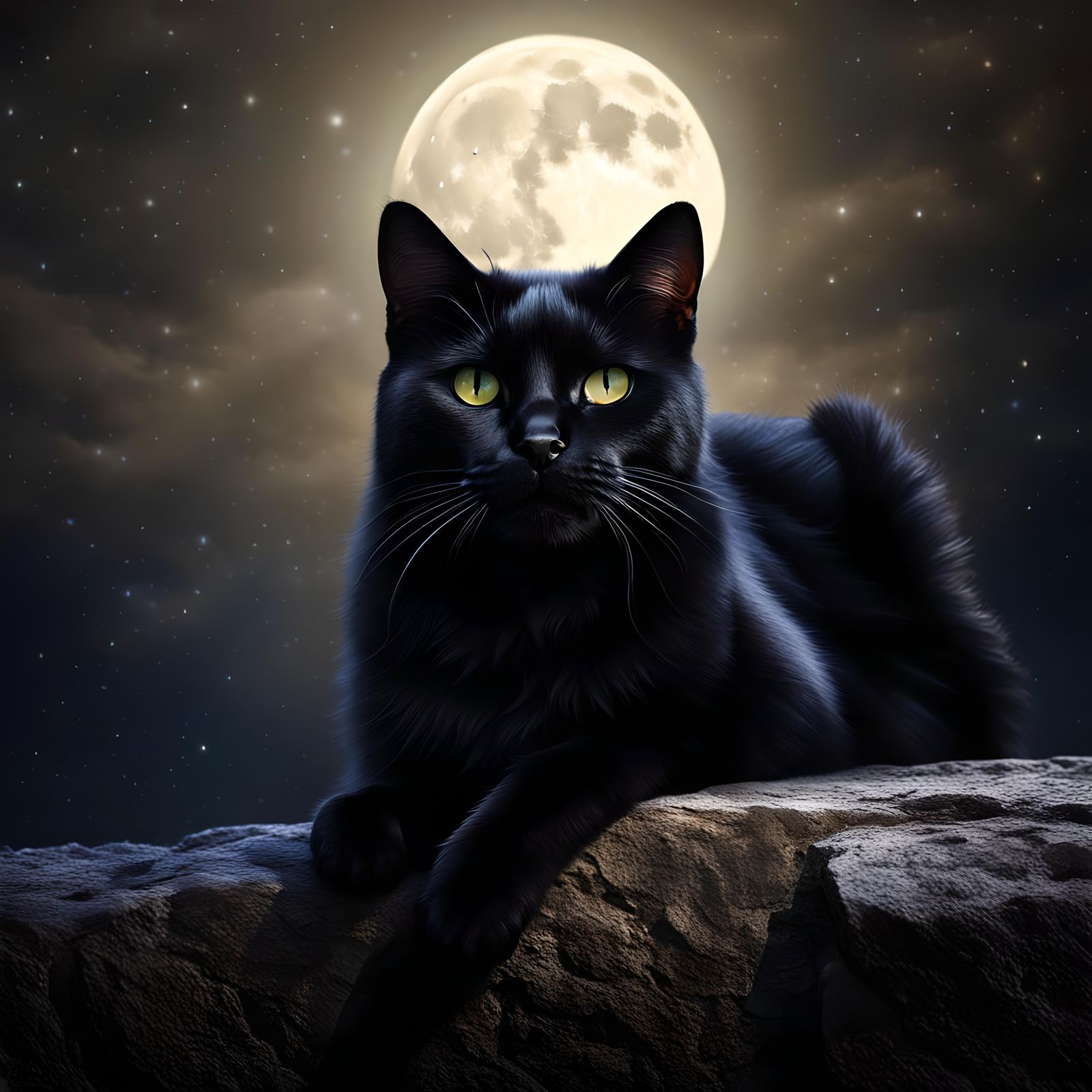 Hyperrealistic Black Cat Hunting Under Full Moon