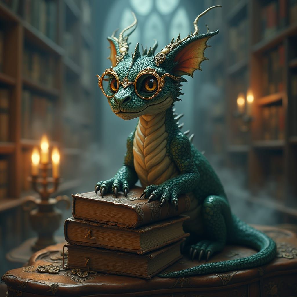 Dragon in Elegant, Gothic Library Setting