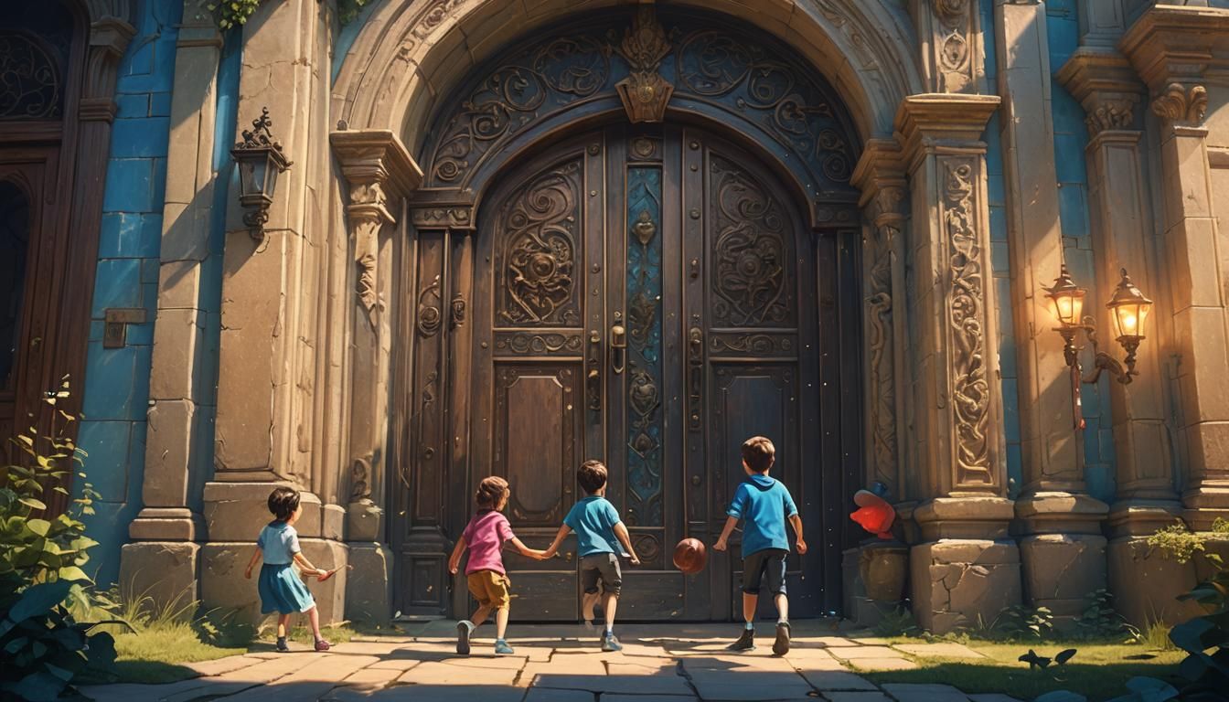 Mysterious Mansion Entrance with Children, Fantasy Art
