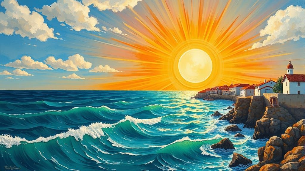 Radiant Sunrise Over Quaint Coastal Town