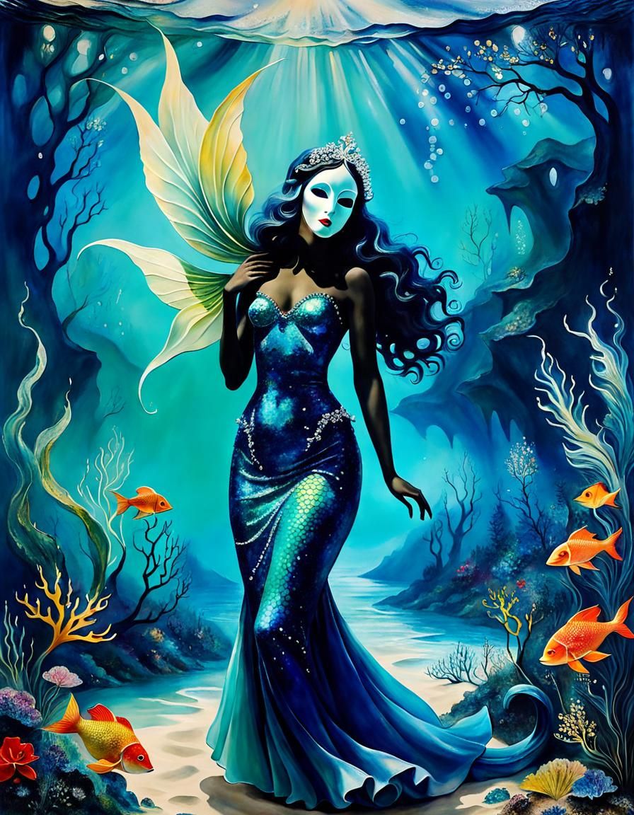 Masked Figure in Sparkling Glade: Surreal Alcohol Ink Art