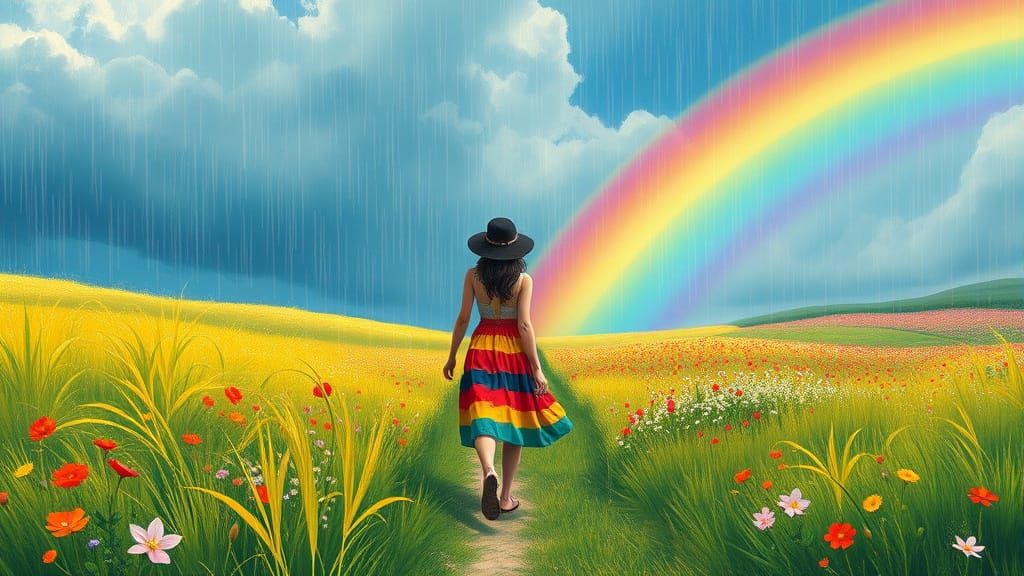 Impressionist Woman in Rainy Flower Field