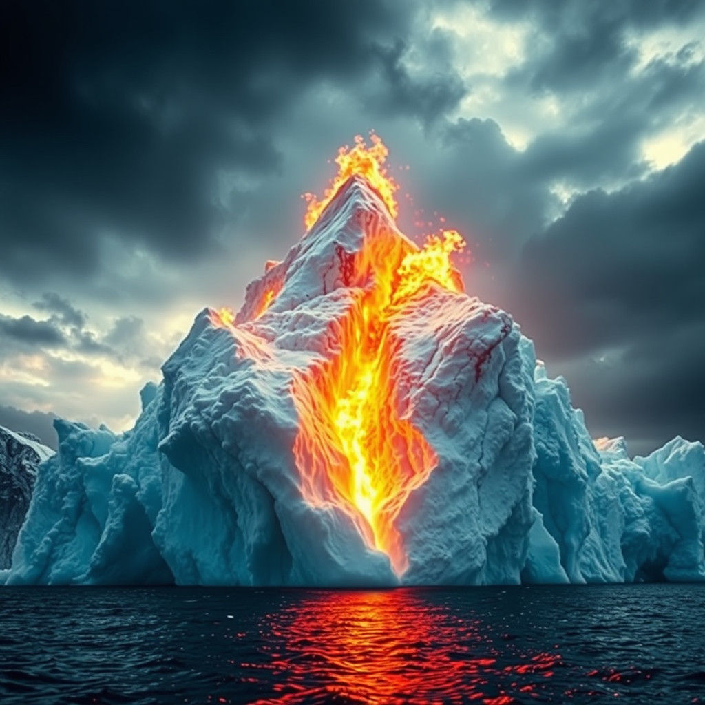 Fiery Iceberg Melts Under a Dramatic Sky