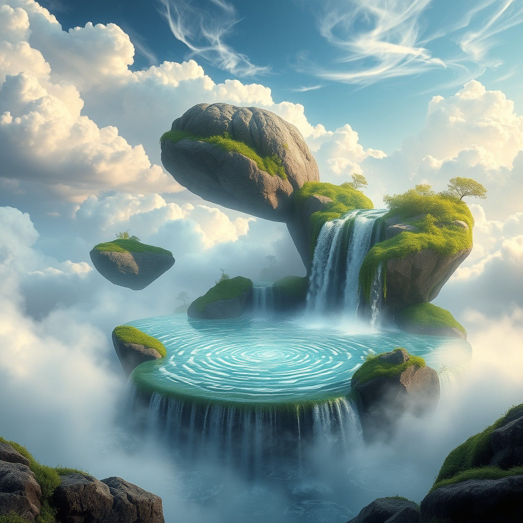 Mystical Waterfall Oasis Floating Among Clouds