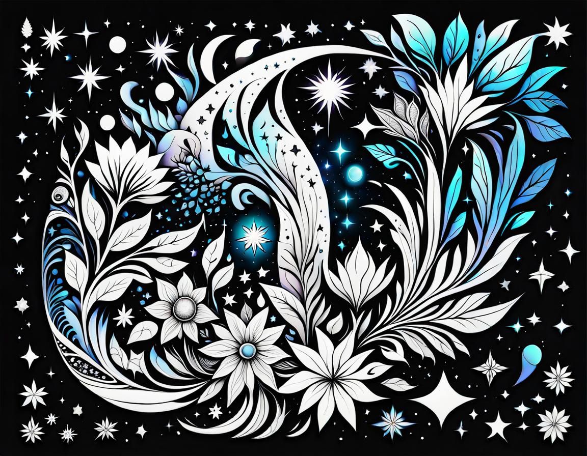 Cosmic Moon Surrounded by Alien Star Flowers