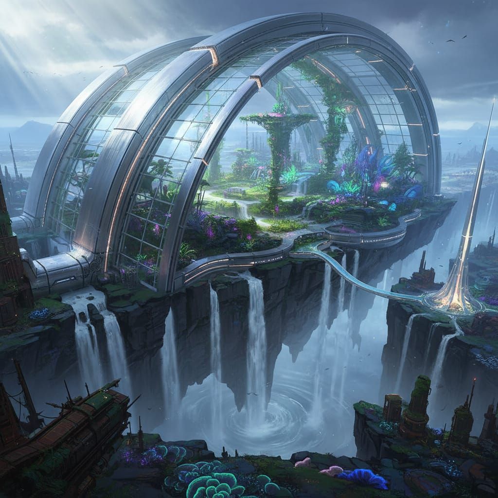 Futuristic Greenhouse Floating Over Misty Waterfalls