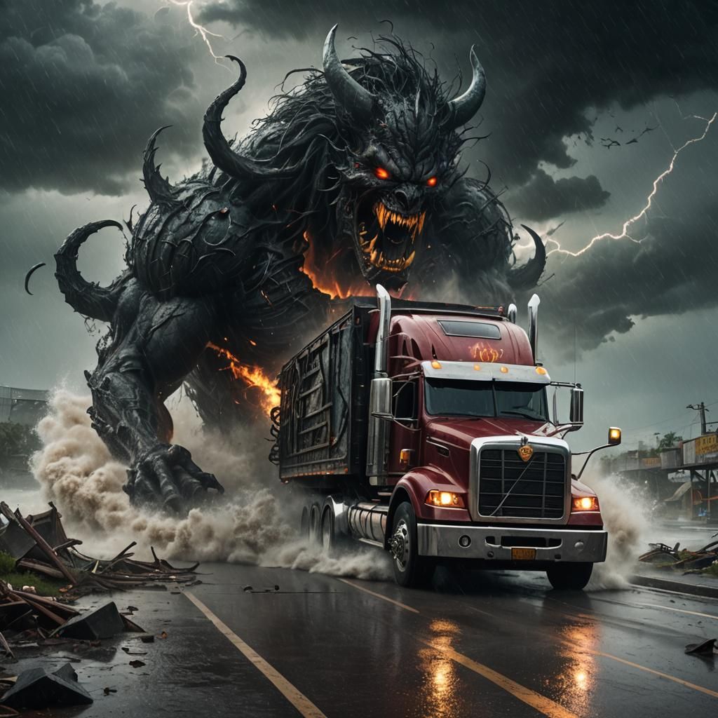 Demonic Semi Truck Navigates a Hurricane