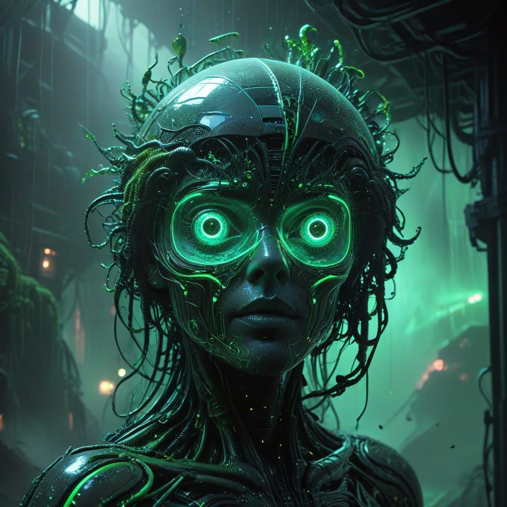 Biomechanical Cyberpunk Cityscape in Neon Green Haze