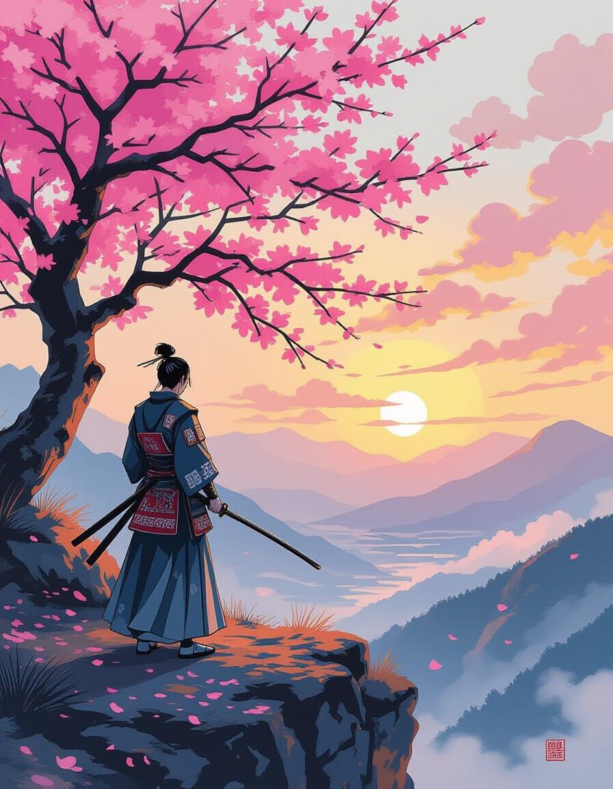 a lone samurai warrior stands under a cherry blossom tree on a windswept cliff at a beautiful dramatic sunrise, looking ...