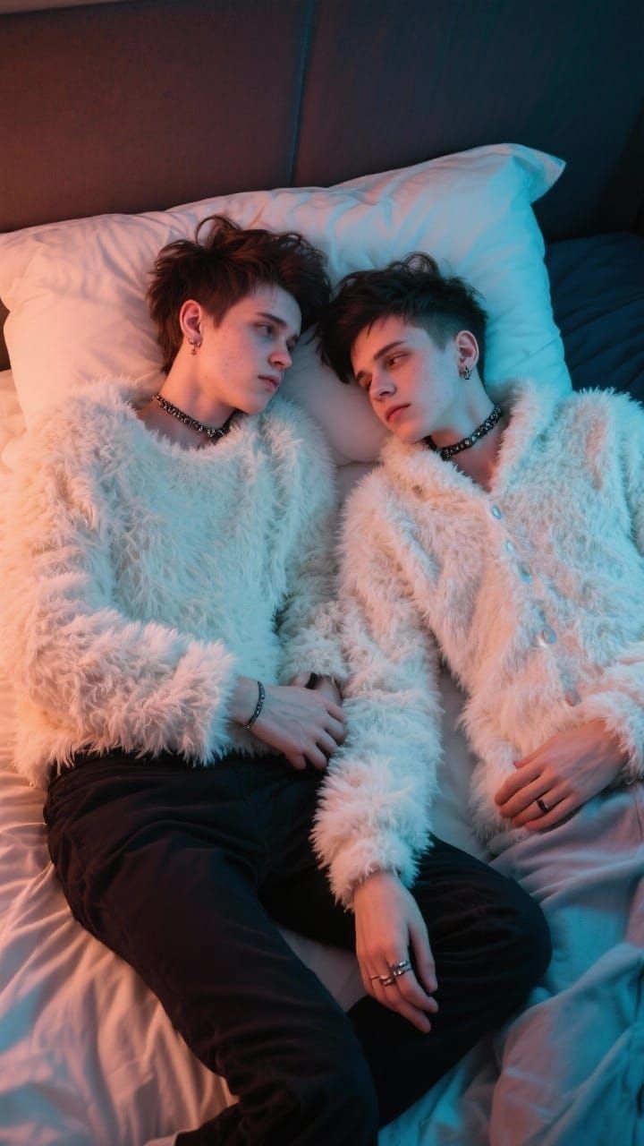 Two Emo Boys Relaxing on a Bed in Plush Shirts