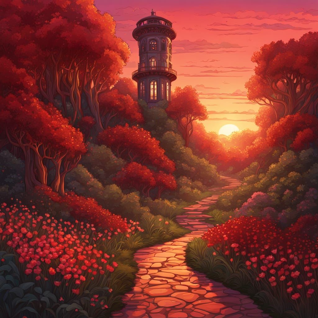 Enchanting Forest Tower at Sunset, Art Nouveau Style