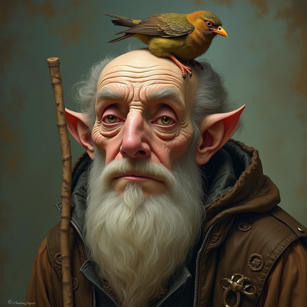 Old Man with Bird: Fantasy Character Portrait