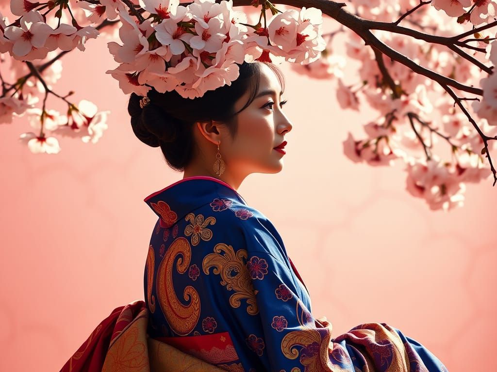 Elegant Asian Woman in Kimono Under Cherry Blossoms
