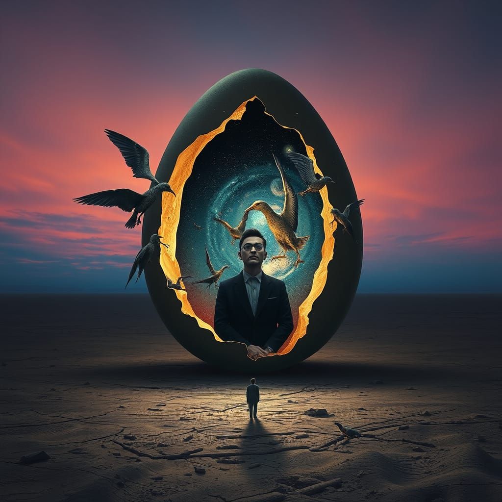 Cosmic Egg Galaxy with Hybrid Creatures in Surrealist Style