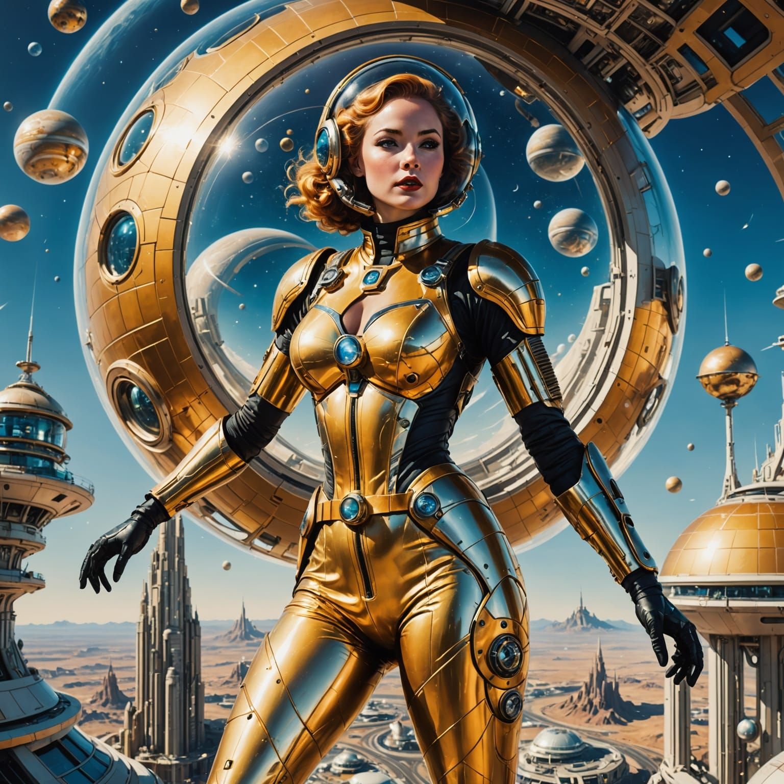 Retrofuturistic Pin-Up Girl Orbiting Venus