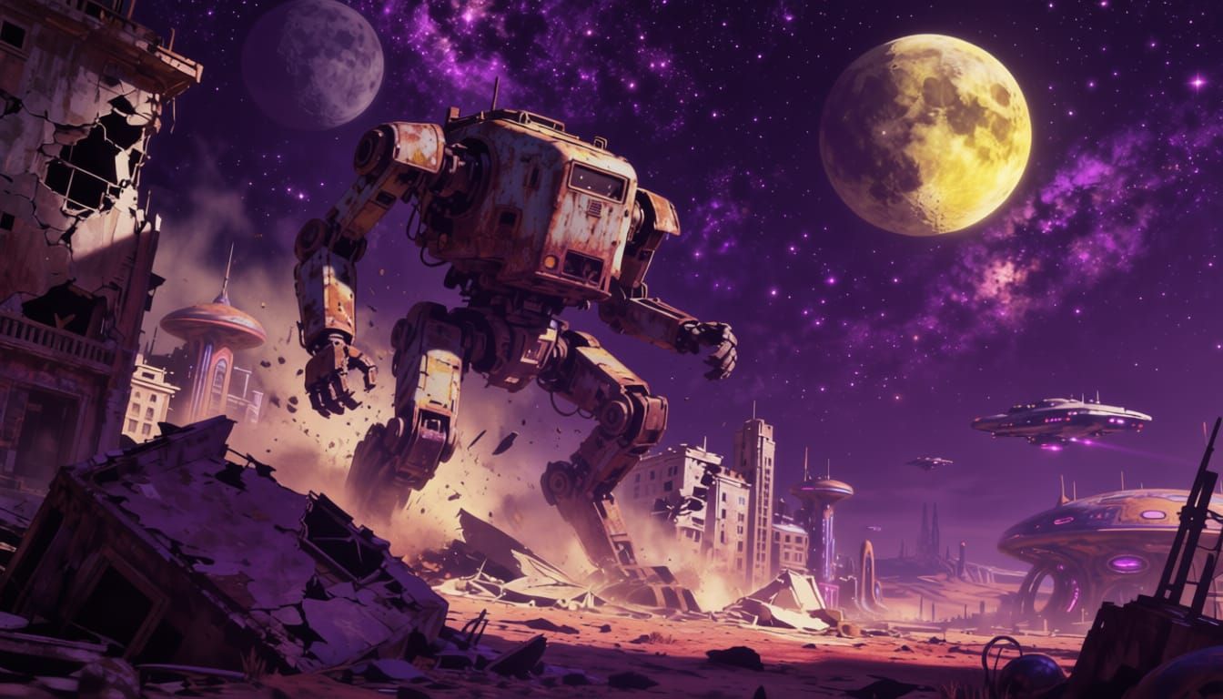 Giant Mecha Crashes Into Futuristic City in Noir Style