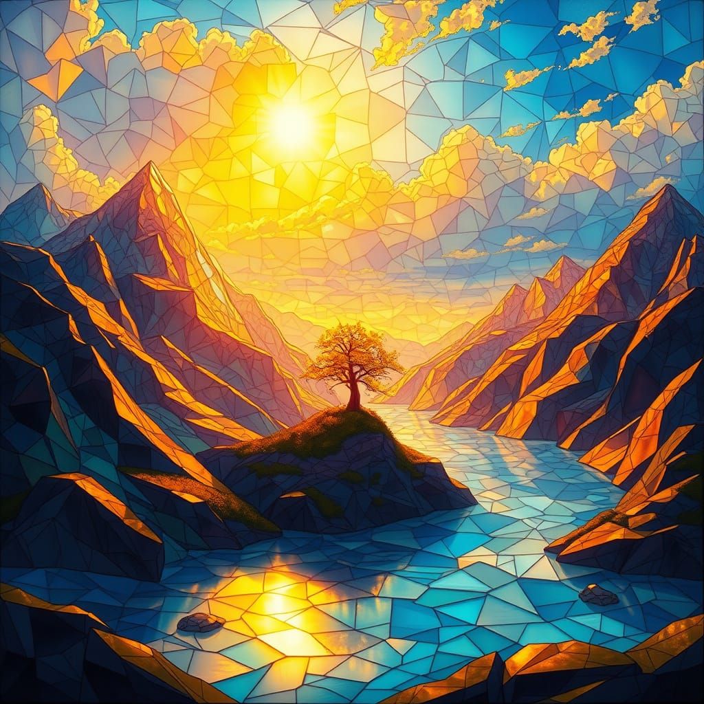 Dreamlike Stained Glass Landscape with Crystal Mountains and...