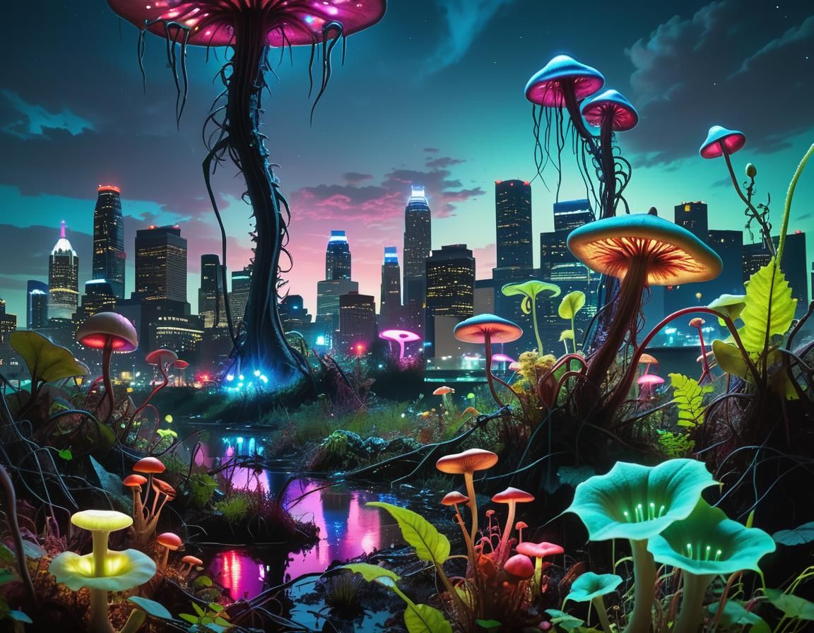 Bioluminescent Alien Overgrowth in Minneapolis Cityscape