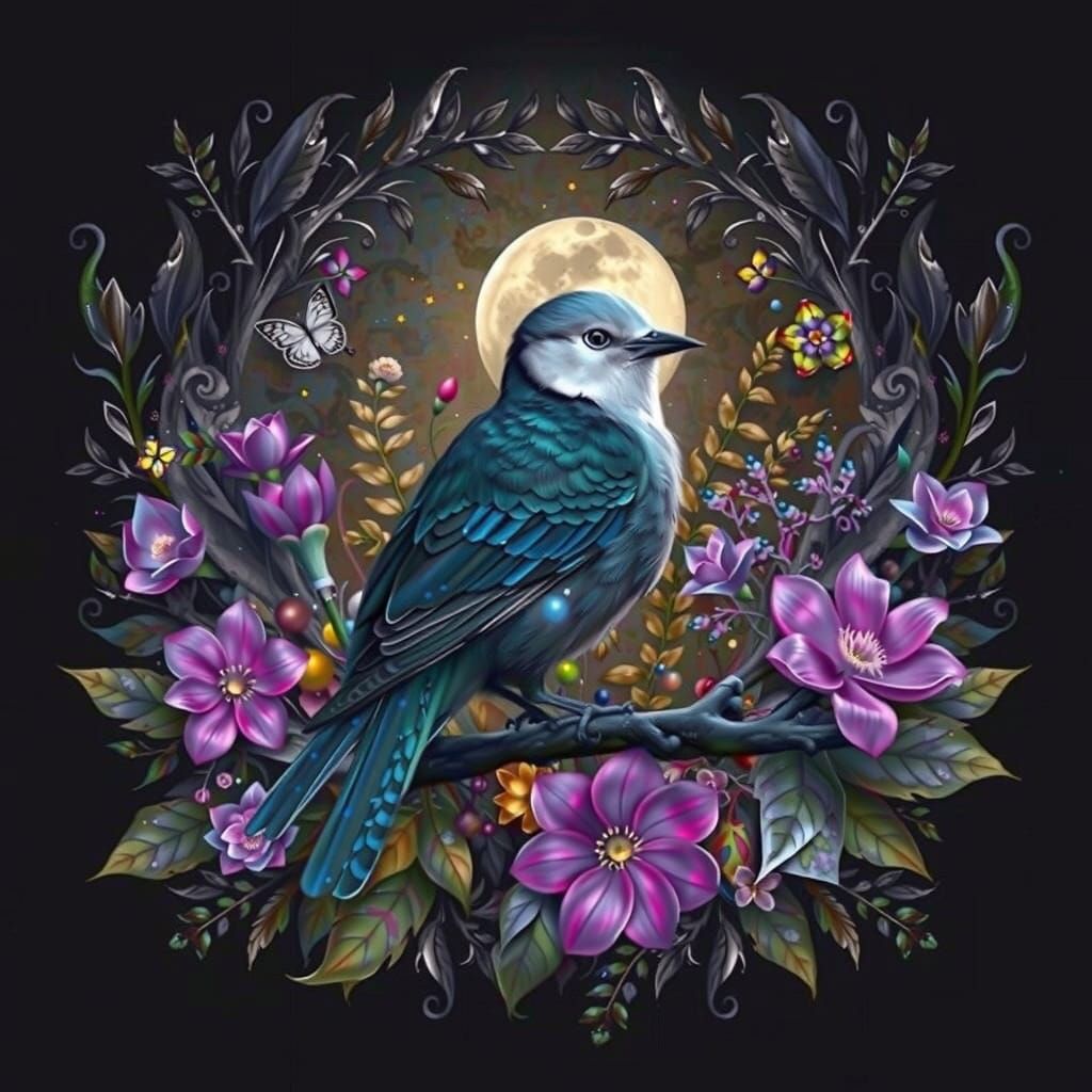 Bird on Branch in Moonlight Fantasy Art