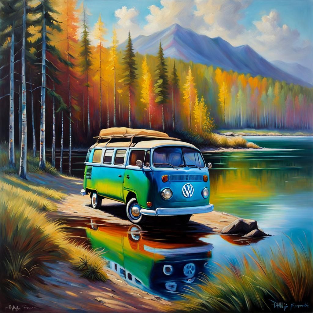 Vintage VW Bus at Lake in Impressionistic Style