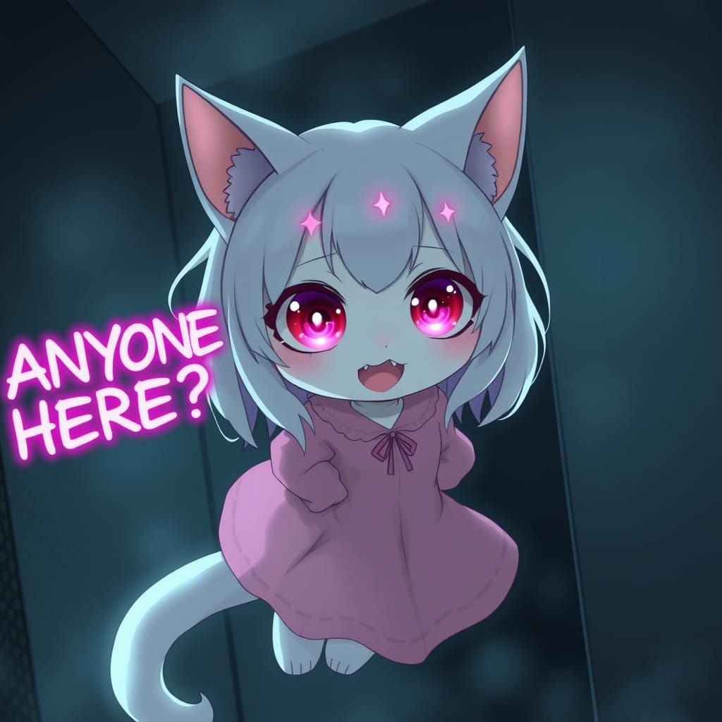 Spooky Synthwave Anime Catgirl Ghost in Haunted Atmosphere