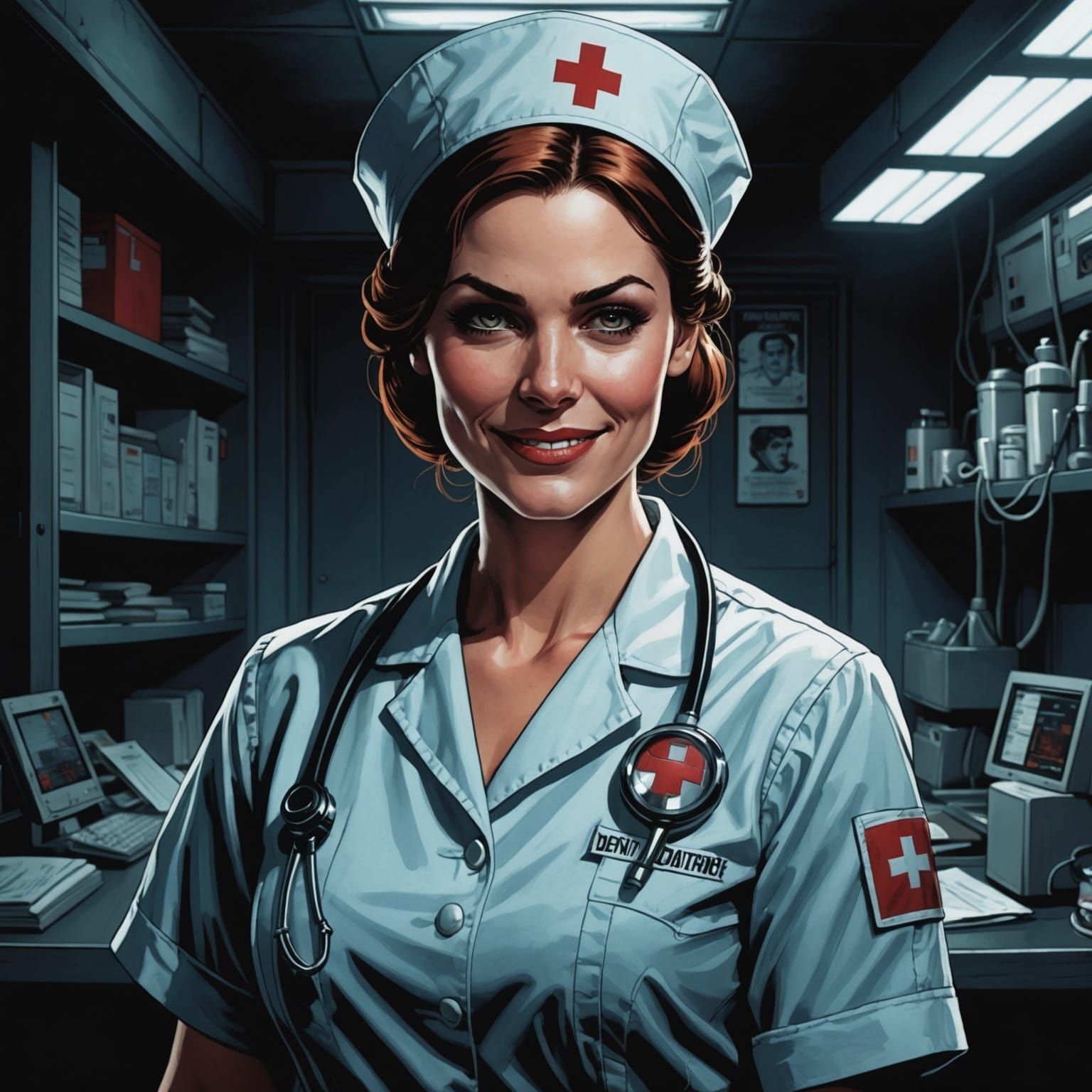 Evil Nurse in Dark Room: Comic Book Art