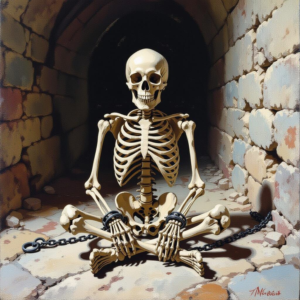 Skeleton Prisoner in a Dungeon, Gouache Watercolor Style
