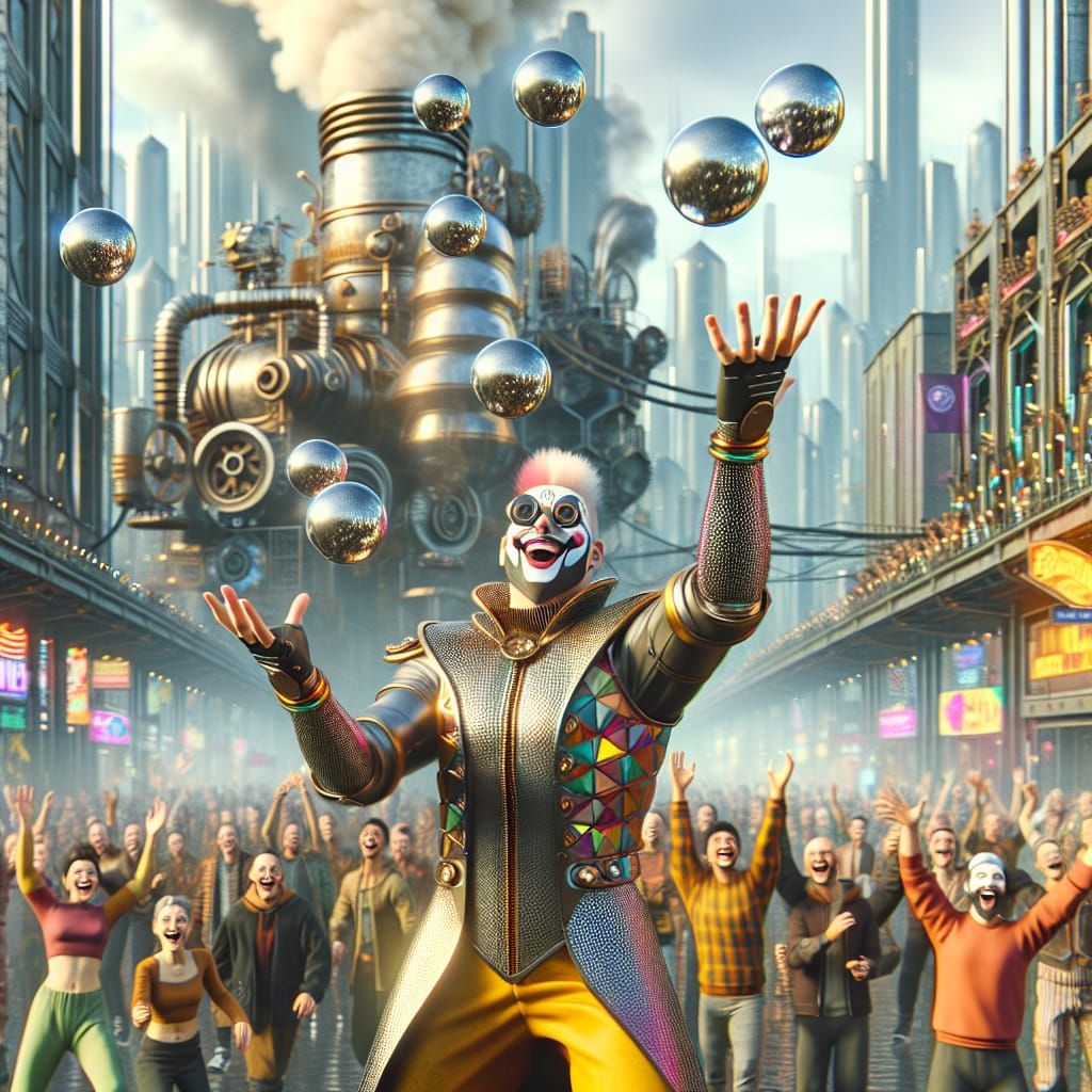Cyberpunk Jester in a Vibrant Futuristic Setting