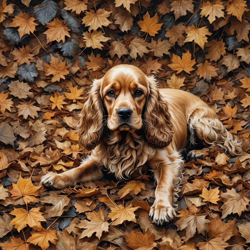 Cocker Spaniel Dog in Leaves, Mixed Media Art