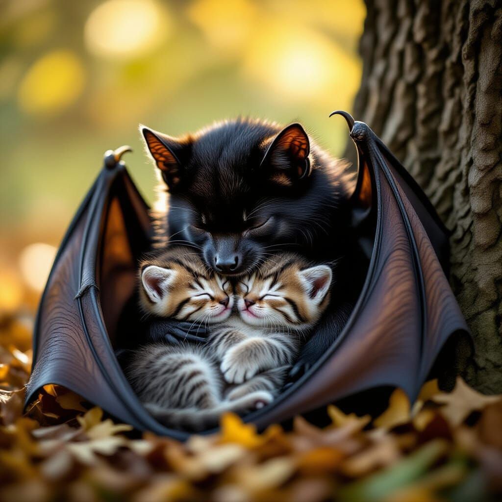 Giant Bat Cradles Kitten in Peaceful Oak Scene