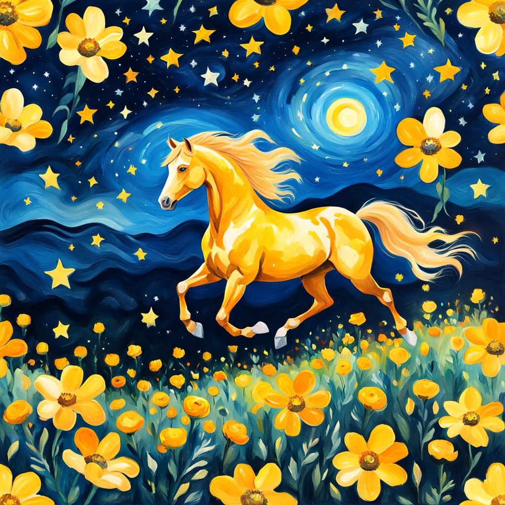 Yellow Horse Galloping at Night in Gouache Style
