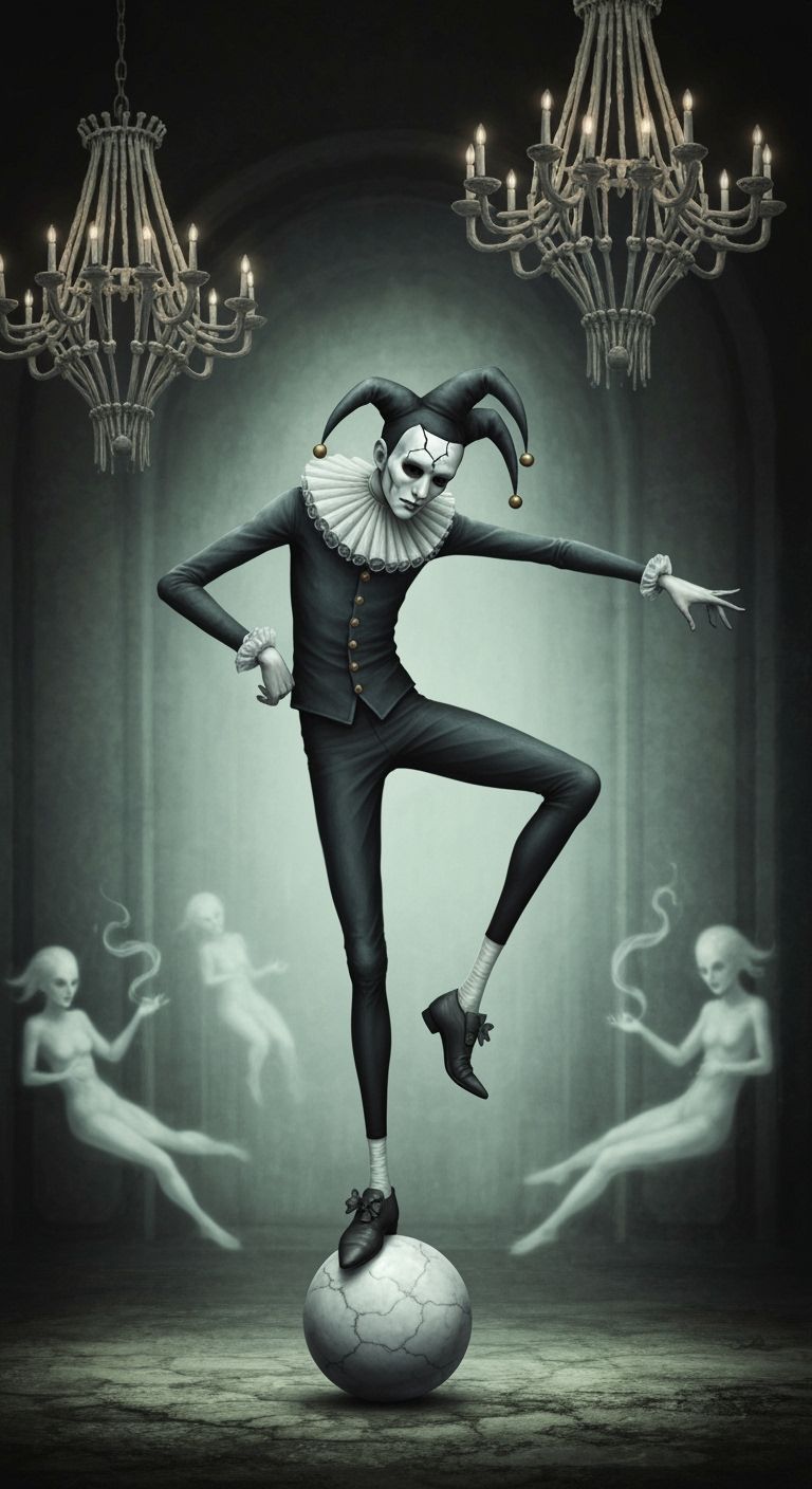 Dystrophic Jester Balances on Marble Sphere in Macabre Ballr...