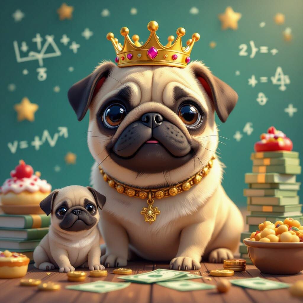 Royal Pug Surrounded by Wealth, Food, and Family in 3D Anime...
