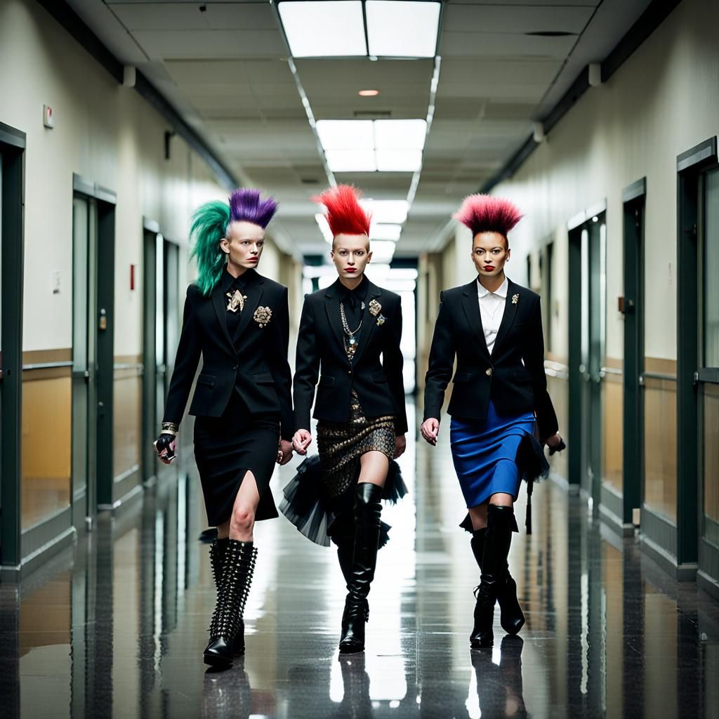 Punk Mohawks and Skirt Suits in Office Hallway