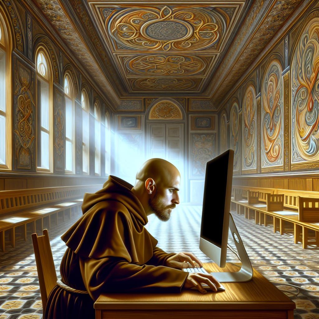 Hispanic Monk Studying in Gothic Room, Oil Painting