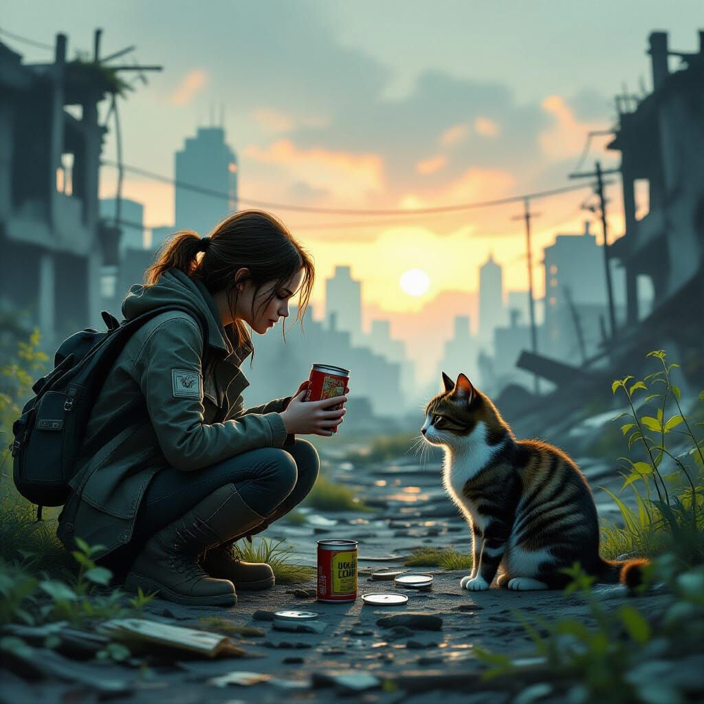Scavenger Shares Food With Cat in Ruined City